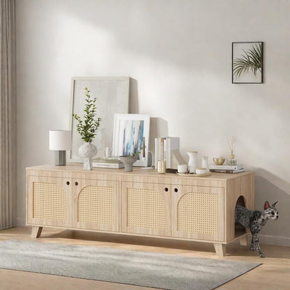 FONTOI Rattan Cat Litter Box Enclosure with Decorated Doors, Wooden Pet Washroom with Two Entrances, Double Hidden Litter House with Non-Slip Feet, Enclosure Furniture Cabinet for Two Cats