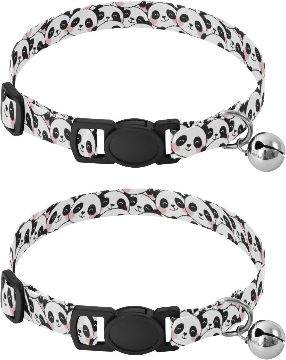 Panda Cute Black White Animal Dog Collar with Metal Bell Adjustable Soft Pet Collars for Small Dogs Cats, 2 Pcs