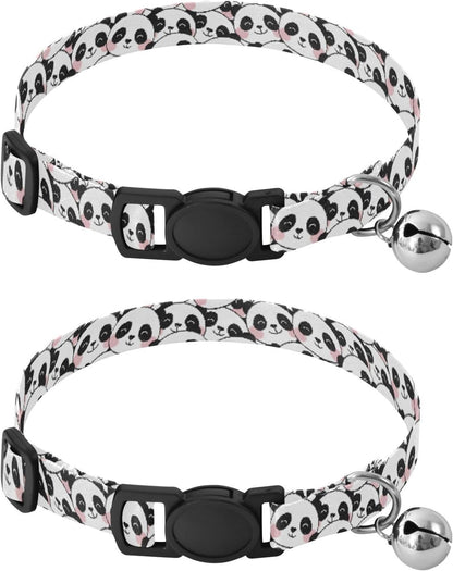 Panda Cute Black White Animal Dog Collar with Metal Bell Adjustable Soft Pet Collars for Small Dogs Cats, 2 Pcs