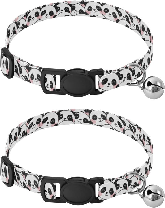 Panda Cute Black White Animal Dog Collar with Metal Bell Adjustable Soft Pet Collars for Small Dogs Cats, 2 Pcs