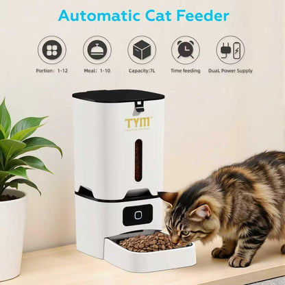 TYM Automatic Cat Feeder, 7L Cat Food Dispenser with 2.4G WiFi, Timed Cats Feeder with APP Control, Auto Pet Food Dispenser for Small Pets, Dogs, Fresh Food, Dual Power Supply, Detachable for Easy