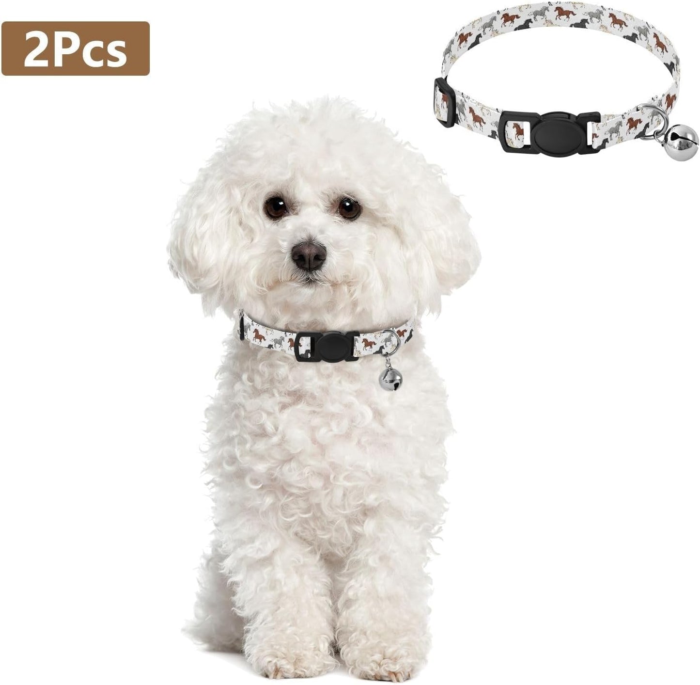Horses Animals White Pattern Dog Collar with Buckle Adjustable 2 Pack Cat Puppy Collar for Small Dogs Cats