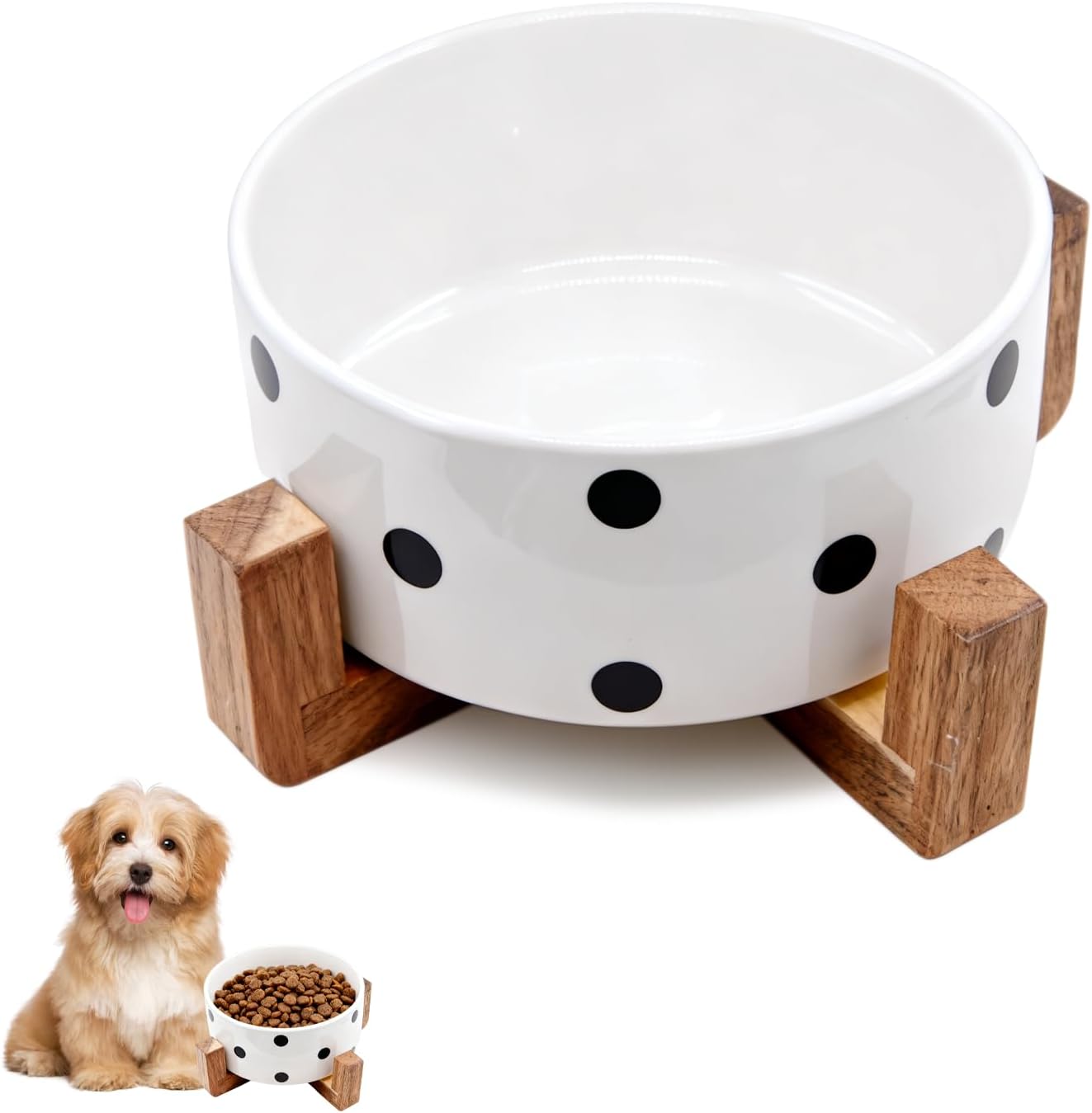 28.74 OZ Elevated Ceramic Dog Bowl Set with Acacia Wood Stand - 3.6 Cup Cat Food Bowl Raised Pet Dish Modern Indoor Water Basic Bowls for Puppies - 850 ML (Single Bowl with Stand)
