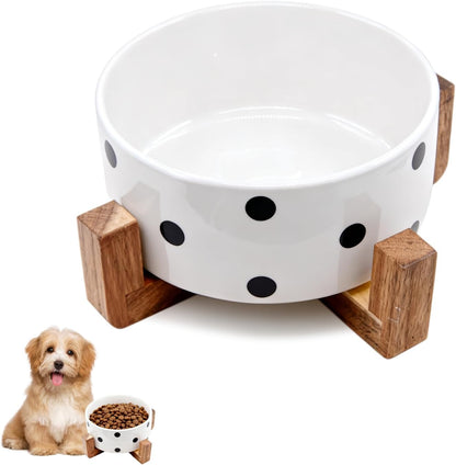 28.74 OZ Elevated Ceramic Dog Bowl Set with Acacia Wood Stand - 3.6 Cup Cat Food Bowl Raised Pet Dish Modern Indoor Water Basic Bowls for Puppies - 850 ML (Single Bowl with Stand)