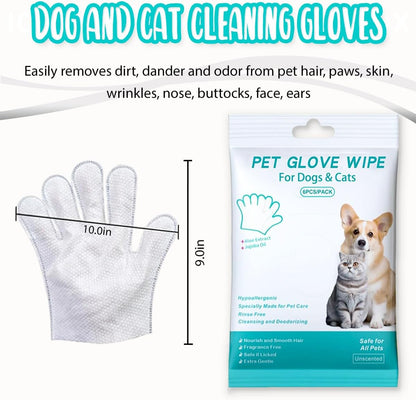 Dog and Cat Cleaning Gloves, Cleaning and Deodorizing Grooming Gloves, Dog and Cat Fur Face, Ears, Eyes, Paws Cleaner, Pet Grooming Wipes, Nourishing Fur, for Daily Care and Travel, No Rinse (6 Pcs)