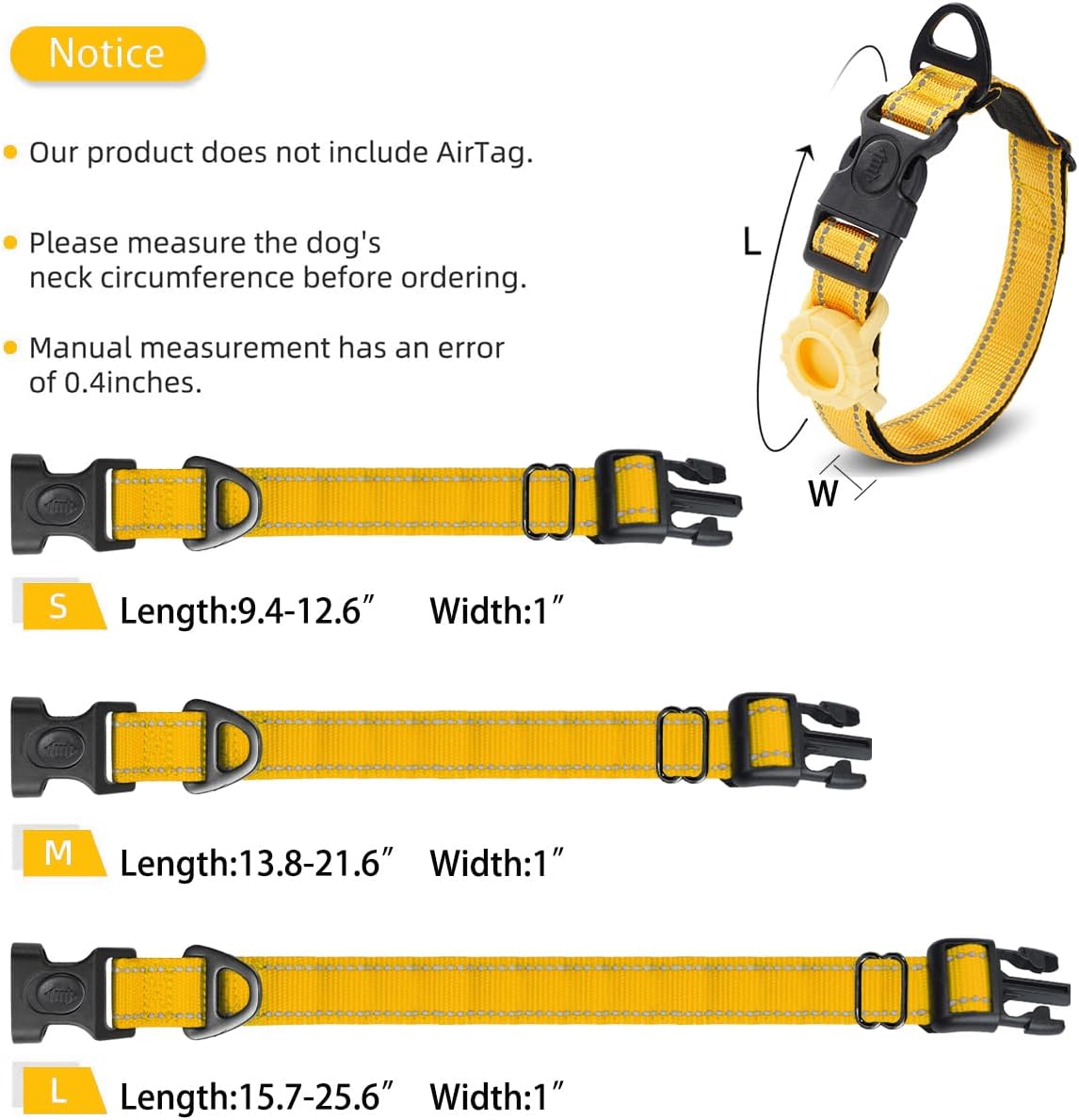 JSXD AirTag Dog Collar, Night Reflective Nylon Dog Collar for Small Medium Large Dogs,Lockable Quick Release Buckle,Padded Breathable Pet Collar with AirTag Holder (Yellow, Large)