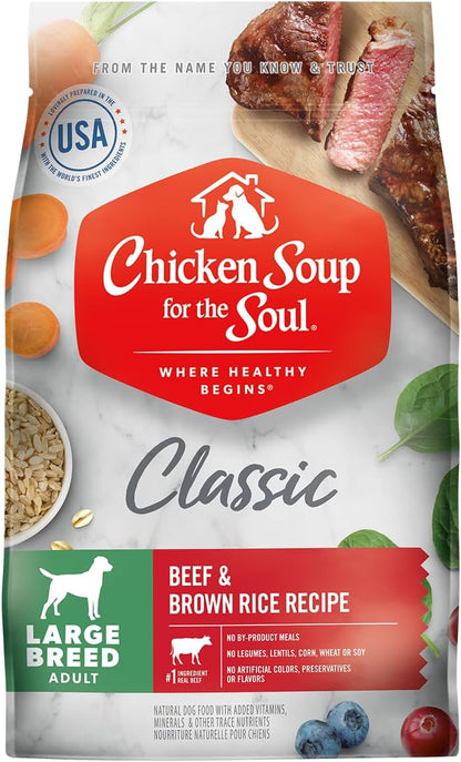 Chicken Soup for The Soul All Natural Premium Large Breed Adult Dry Dog Food, Real Meat First Ingredient, No by-Products, Supports Heart, Gut & Immune Health, Beef & Brown Rice, 28lb