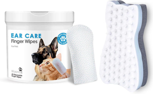 Mooncat Ear Cleaner Finger Wipes for Cats & Dogs and Silicone Grooming Brush Bundle - Gentle Ear Care Solution and Deshedding Massage Comb for Indoor Kittens