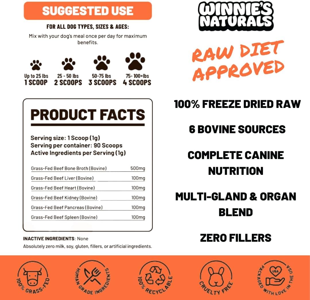 Winnies Naturals Beef Organ Complex Supplement for Dogs, Grass Fed Beef Organs Meal Topper, Dog Multivitamin, Dog Joint Health Supplement Support, Raw Food Supplement for Dogs, 90 Servings