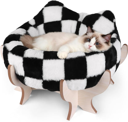 Elevated Cat Bed for Indoor Cats, Pet Couch Bed with Removable Fluffy Cushion, Wooden Stand, 18” x 11” Raised Cat Sofa for Kitty Puppy, Checkered Soft Cushion Cats Furniture