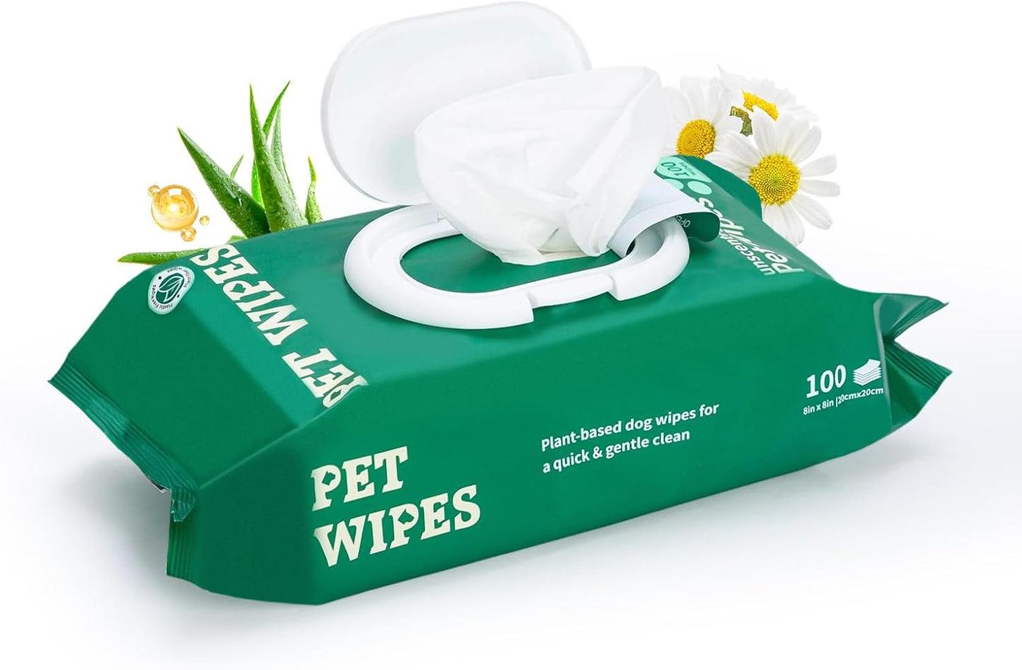 100 Count Dog Wipes for Paws and Butt, Plant-Based Gentle Ingredients, Hypoallergenic Fragrance Free Pet Wipes for Puppy Sensitive Skin Cleaning, Grooming, and Deodorizing, 8" x 8", Unscented