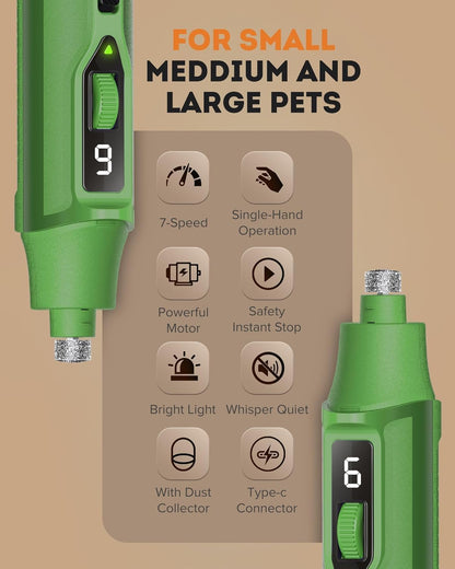 YABIFE 7-Speed Pet Nail Grinder with Light – Heavy Duty, Whisper Quiet Nail Trimmer for Dogs, Cats, Birds & Small Animals – Single-Handed Operation