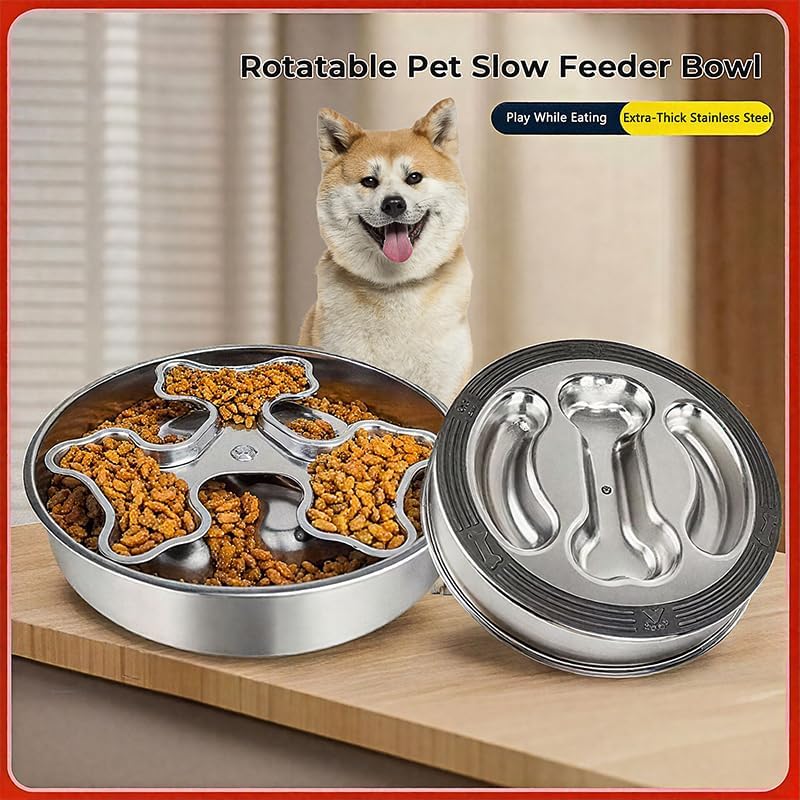 Stainless Steel Rotating Bone-Shaped Slow Food Bowl, 304 Grade Anti-Spill Pet Feeder for Dogs and Cats