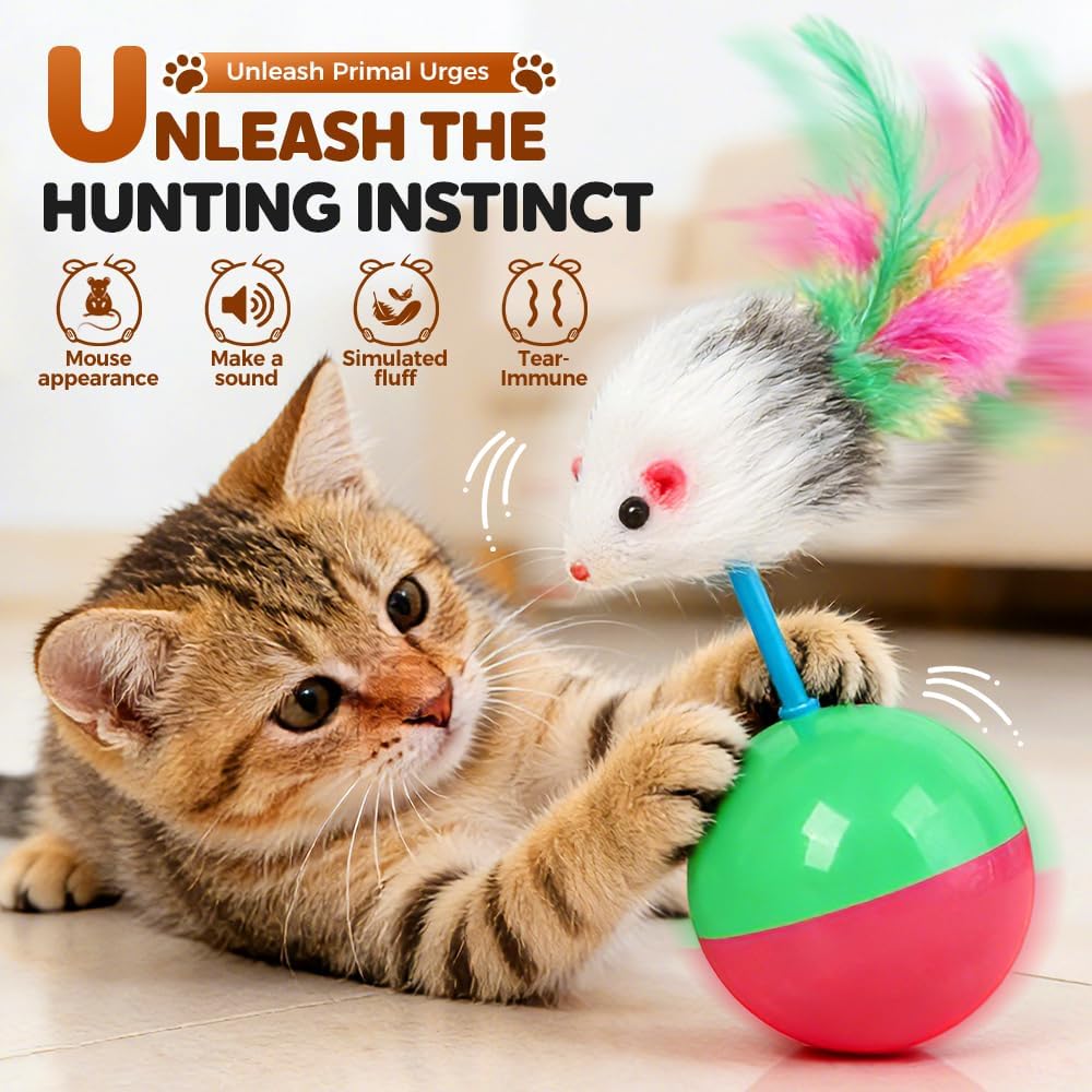 Interactive Mice Tumbler Cat Toy, 2026 New Automatic Wobbling & Rolling Interactive Toy for Indoor Cats Dog, Floppy Cat Toy Fun Play to Cure Boredom (Short Feathers-red)