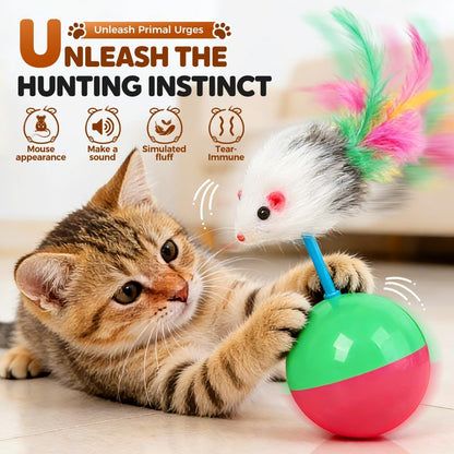 Interactive Mice Tumbler Cat Toy, 2026 New Automatic Wobbling & Rolling Interactive Toy for Indoor Cats Dog, Floppy Cat Toy Fun Play to Cure Boredom (Short Feathers-red)