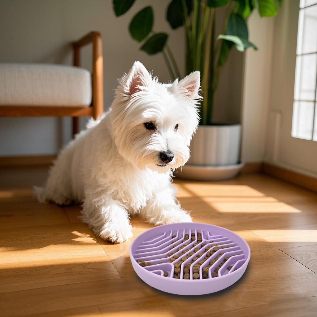 Slow Feeder Dog Bowl, 7.8 x 7.8 inches, Silicone Pet Puzzle Bowl with Suction Base, Foldable (Purple)