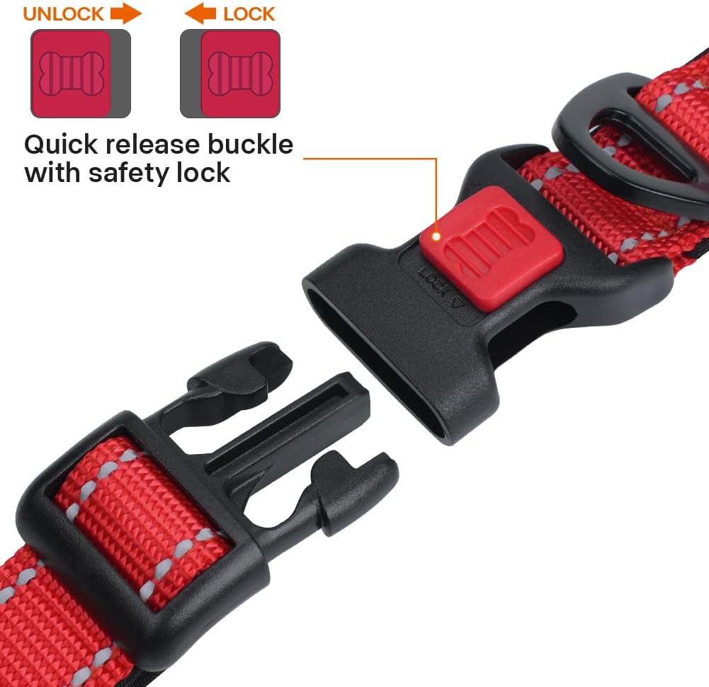 Taglory Reflective Dog Collar with Safety Locking Buckle, Adjustable Nylon Pet Collars for Large Dogs Female Male, Red, L