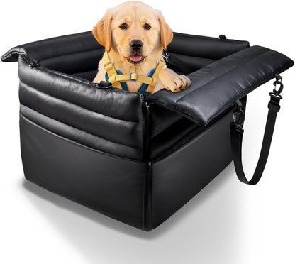 Dog Car Seats for Medium Dogs : Secure & Cushioned Pet Booster for Travel – 2-in-1 Foldable Dog Bed for Front or Back Seat, Waterproof PU Leather, Up to 45 lbs（Black）