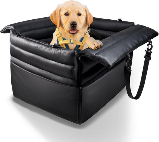 Dog Car Seats for Medium Dogs : Secure & Cushioned Pet Booster for Travel – 2-in-1 Foldable Dog Bed for Front or Back Seat, Waterproof PU Leather, Up to 45 lbs（Black）