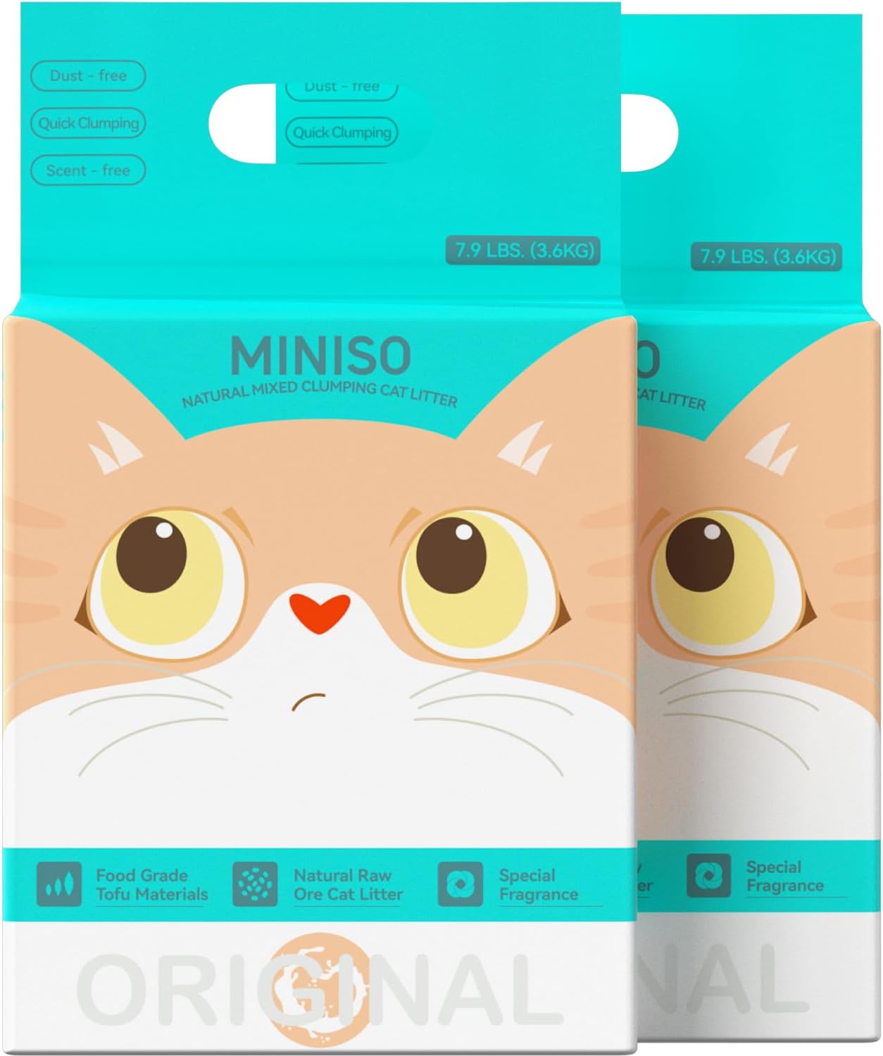 MINISO Clumping Cat Litter, Tofu+Bentonite+Cassava, Odor Control, Rapid Clumping, Water Absorbent and Toilet Flushable, Multi-Cat, Original Style, 15.8lb (2 Pack of 7.9lb Bags)