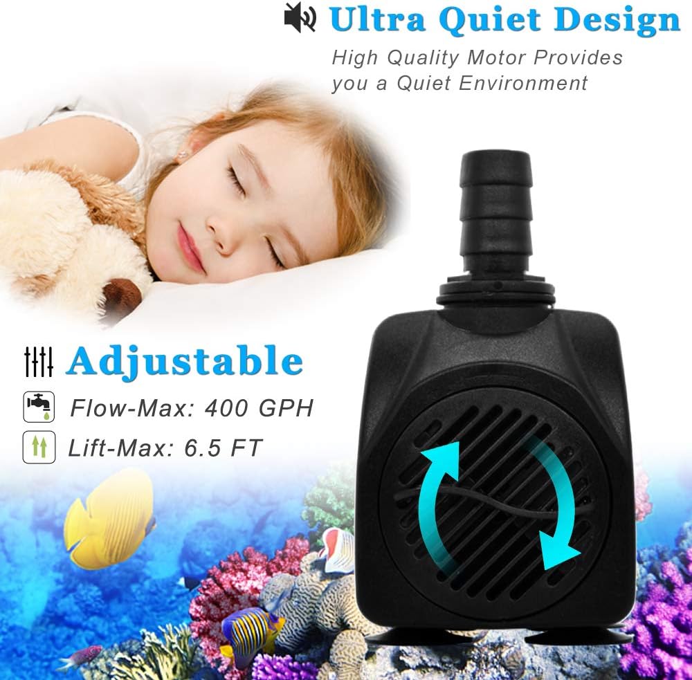 PULACO 400GPH Submersible Pump with 5 ft Tubing, (1500L/H 25W) durable fountain water pump for Pond Fountain, Aquariums Fish Tank, Statuary, Hydroponics