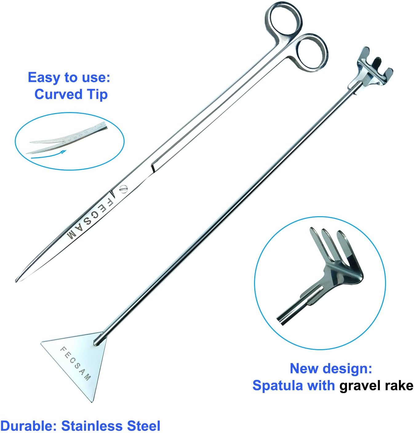 Aquarium Aquascape Tools Kit + Brush - 15 inch Stainless Steel Aquatic Tweezers/Feeding Tongs, Scissors, Spatula, Algae Scraper, Rake for Fish Tank Cleaning Scrubbing, Trimming, Terrarium Supplies