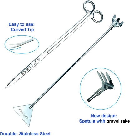 Aquarium Aquascape Tools Kit + Brush - 15 inch Stainless Steel Aquatic Tweezers/Feeding Tongs, Scissors, Spatula, Algae Scraper, Rake for Fish Tank Cleaning Scrubbing, Trimming, Terrarium Supplies