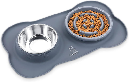 Pecute Slow Feeder Dog Bowls to Slow Down Eating, Dog Bowl Slow Feeder with No-Spill Non-Skid Silicone Mat, Food-Grade Safe Dog Food Bowls Slow Feeder, Stainless Steel Dog Water Bowl for Dogs Cats