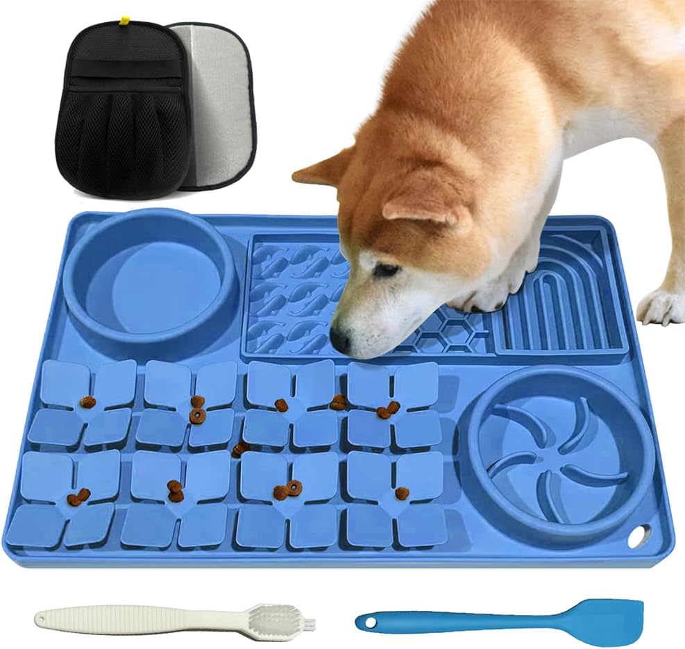 Lick Mat for Dogs Blue and Pet Hair Removal Glove