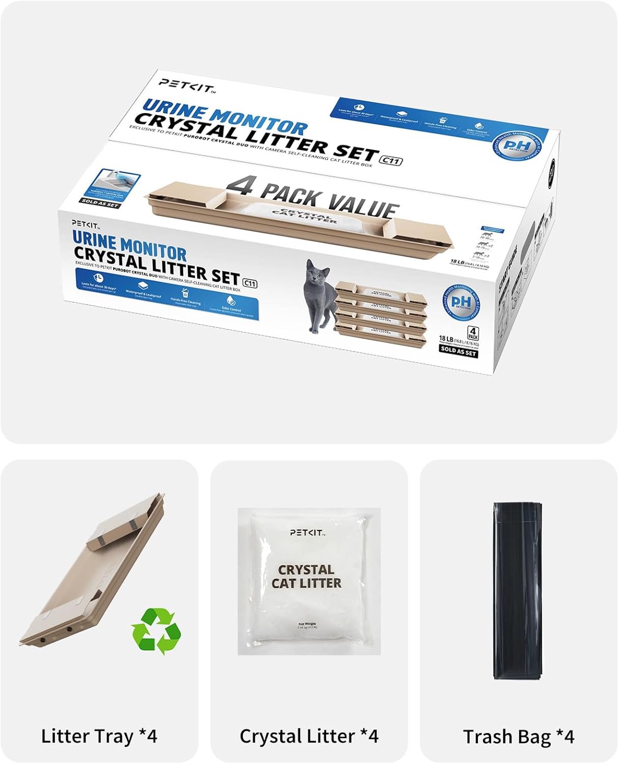 PETKIT Crystal Cat Litter with Tray, Suitable for Purobot Crystal Duo Self Cleaning Cat Litter Box, Dust-Free Mess-Free No Refilling, Odor Control, 6.79lbx4 Packs Packs