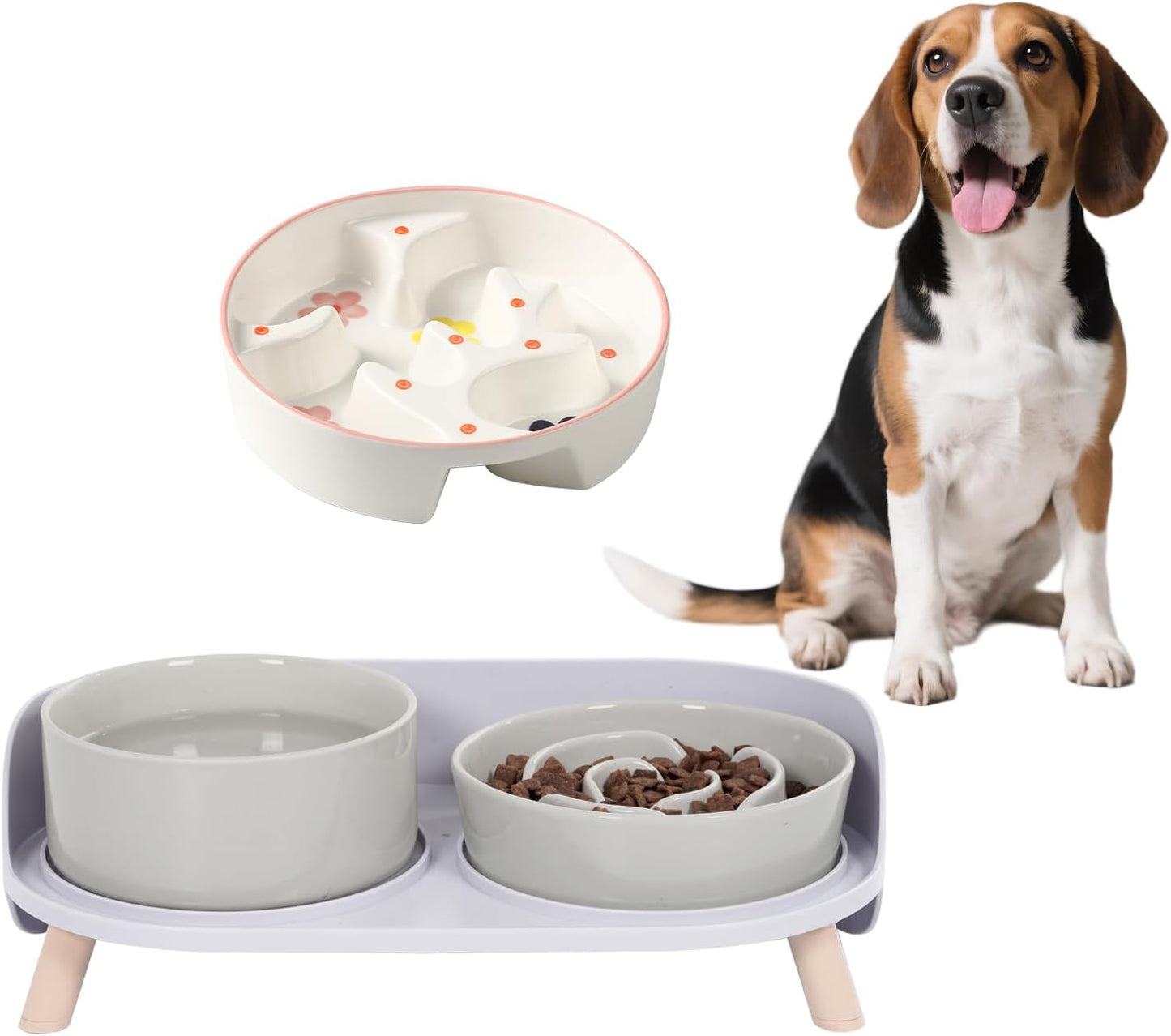 Dog Food and Water Bowl Set - Ceramic Slow Feeder Bowl & Raised Double Dish with Splash-Proof Stand - Feeding Combo for Medium Dogs