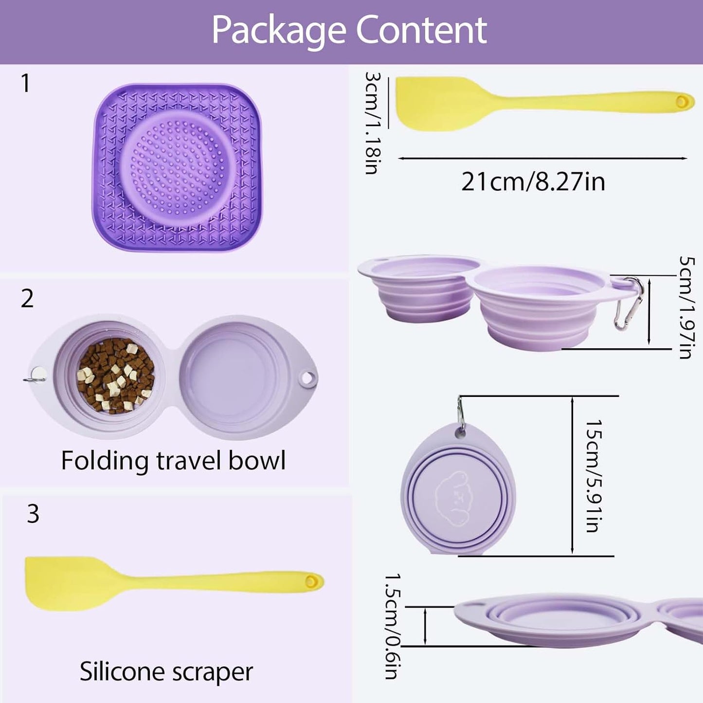 Dog Lick Bowl Mat Purple, Anxiety Relief Lick Mat for Pets, Silicone Slow Feeder Mat, Dishwasher Safe - Collapsible Dog Water Bowl