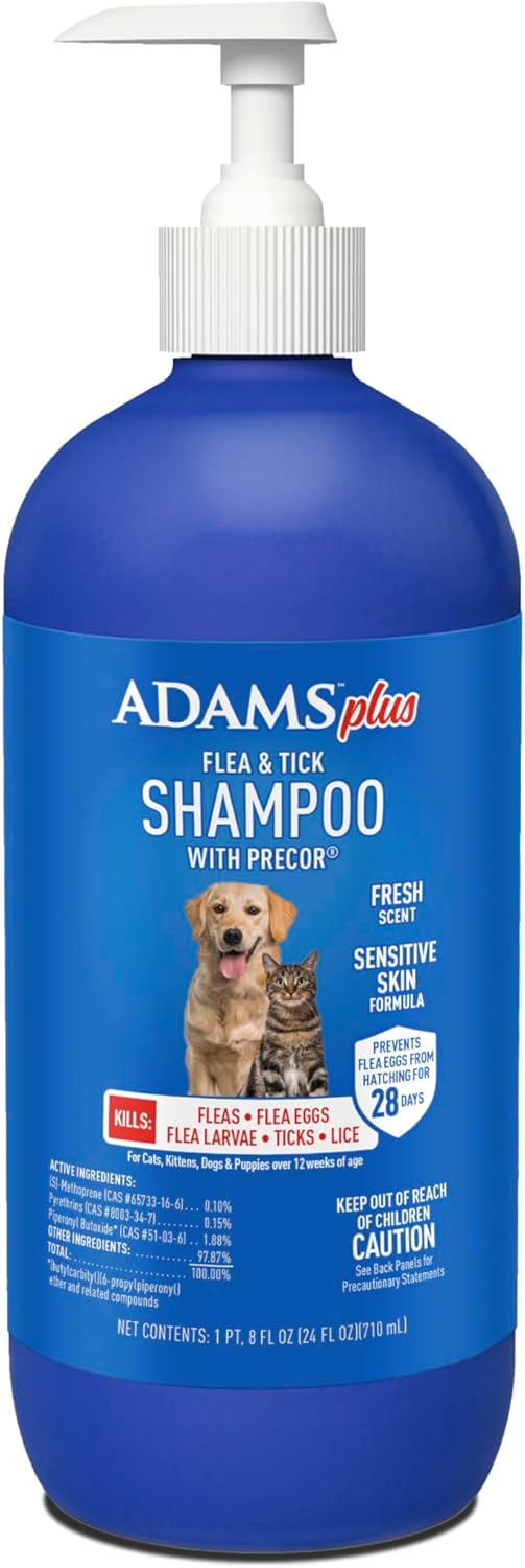 ADAMS Plus Flea & Tick Shampoo with Precor IGR for Cats, Kittens, Dogs & Puppies Over 12 Weeks of Age, Sensitive Skin Flea Treatment, Kills Adult Fleas, Flea Eggs, Ticks, and Lice, 24 Ounces