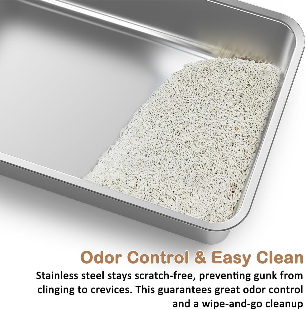 SZEE XL Stainless Steel Litter Box, Top Exit Design, Non Stick, No Smell, Easy Cleaning, Activated Charcoal Odor Control Design, Half/Fully Enclosed Design, Footboard, Trapping Mat & Scoop Included