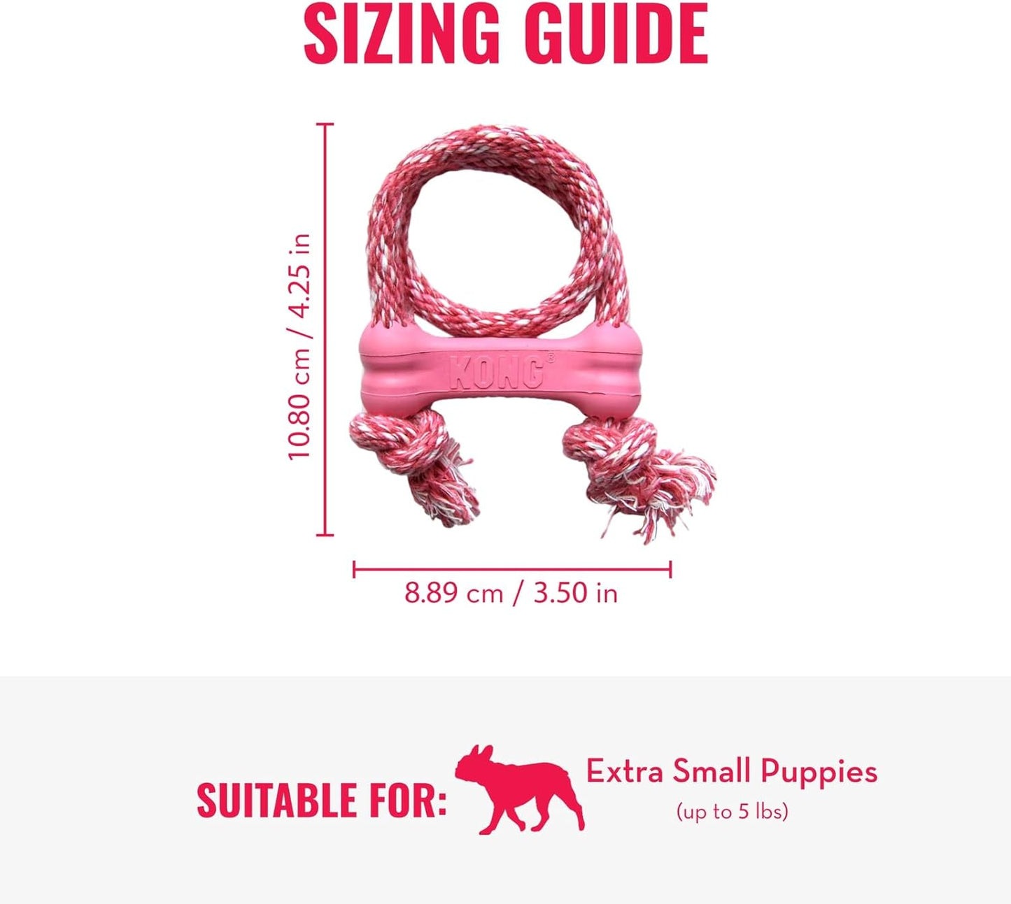 KONG Puppy Goodie Bone with Rope - Natural Rubber Bone with Cotton Rope - Teeth Cleaning Chew Toy for Growing Puppies - for XS Puppies - Pink