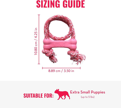 KONG Puppy Goodie Bone with Rope - Natural Rubber Bone with Cotton Rope - Teeth Cleaning Chew Toy for Growing Puppies - for XS Puppies - Pink
