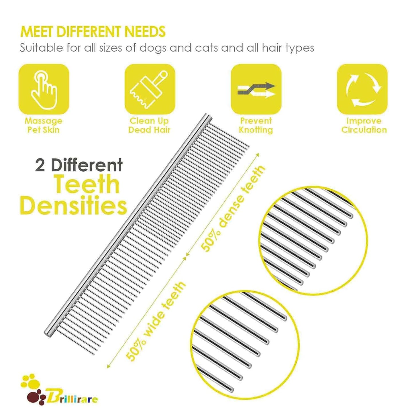 Dog Grooming Comb Pet, Stainless Steel Cat Combs with Rounded Teeth, Professional Metal Tear Stain Remover, Dematting Tool for Small, Medium & Large Pets-7.5in