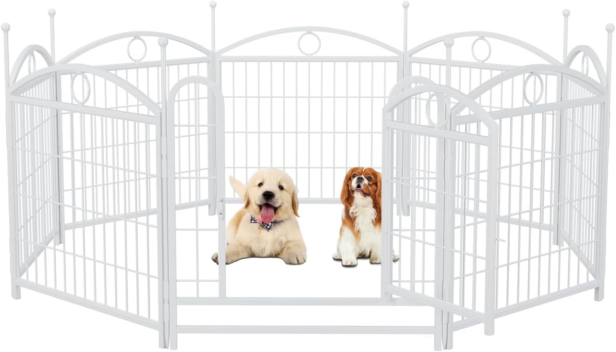 Dog Playpen Indoor 24 Inch 8 Panels Metal Dog Pen Pet Dog Fence Outdoor Exercise Pen with Doors White A Win-Win Solution Outdoor Ready