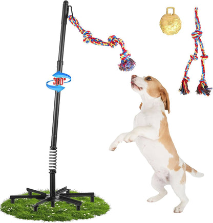 Tether Tug Outdoor Dog Toy,Tether Interactive Dog Tug Toy,Spring Pole For Dogs in Park,Yard,Lawn,2 Rope Toy and Bell Pull Chase and Solo Play,Tether Tug For Large Dogs,For Medium Small Dogs(Black)