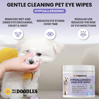 We Love Doodles 50 pcs Dog Teeth Cleaning Wipes & 150 pcs Dog Eye Wipes Bundle - Pet Dental Finger Wipes for Dogs, Freshens Breath Dog Dental Wipes, Pet Eye Wipes Pads & Safe Dog Eye Cleaner