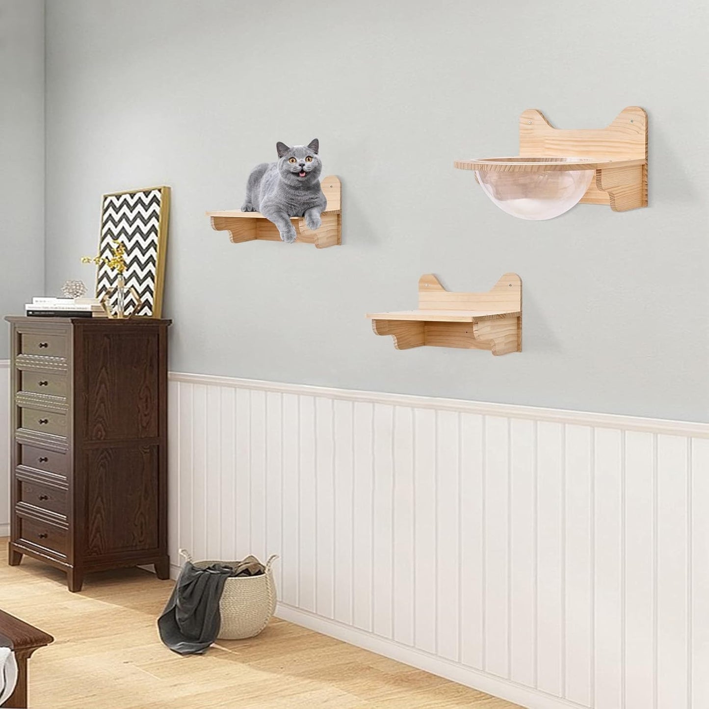 Wooden Cat Space Capsule with Jumping Platforms, Wall-Mounted Pet Bed with Acrylic Dome, Pine Wood Climbing Perch, Large Transparent House for Home, Cat Cafes, Pet Stores, Pet Hospitals