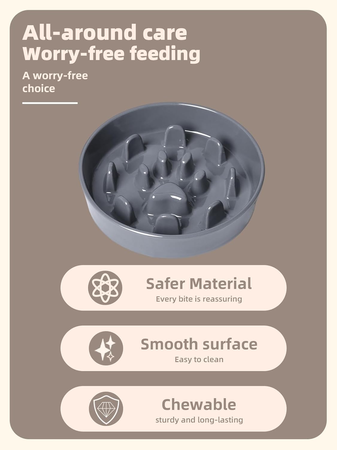 Dog Slow Feeder Bowl, Round Ceramic Pet Food Bowl for Medium Breed, Fun Raised Dog Bowls to Slow Down Eating (Grey, M-1.3 Cups)