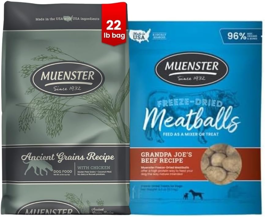 Muenster Adult Dry Dog Food, Small Breed, Large Breed - 22lb Bag Ancient Grain w/with Freeze-Dried Meatballs Chicken &