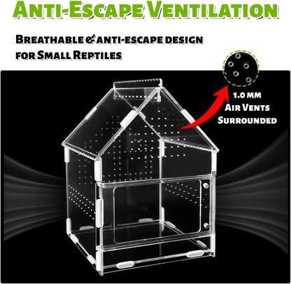 Acrylic Jumping Spider Enclosure with Magnetic Front Door - 360° View Reptile Terrarium for Tarantulas, Insects Hermit Crab - Includes Hanging Beam & Escape-Proof Ventilation (7.87x5.9x5.9 Inch)