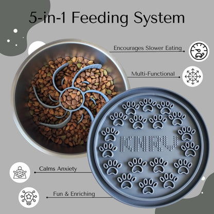 Slow Feeder Dog Bowl with Premium Lick Mat Lid | Heavy Duty Stainless Steel Dog Bowls | Silicone Slow Feeder Insert | Non-Slip & Durable | 64 oz | Medium to XL Dogs (Steel Gray)