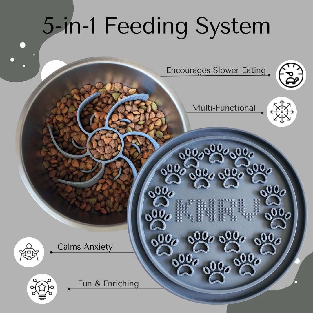 Slow Feeder Dog Bowl with Premium Lick Mat Lid | Heavy Duty Stainless Steel Dog Bowls | Silicone Slow Feeder Insert | Non-Slip & Durable | 64 oz | Medium to XL Dogs (Steel Gray)