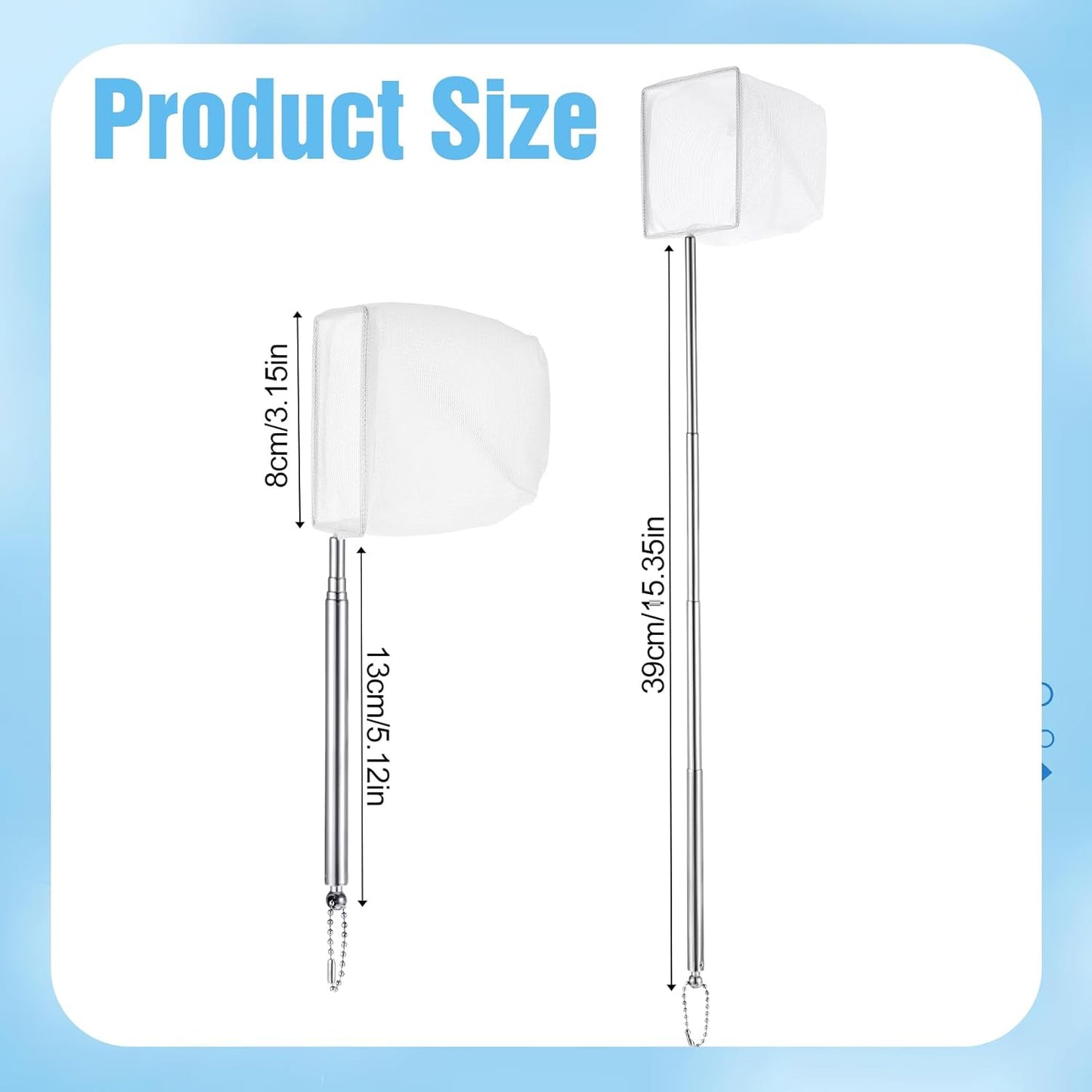 2 Pack Fish Tank Net 3 Inch Square Small Fish Net with Extendable Stainless Steel Handle Fine Mesh Shrimp Nets for Aquarium Tank Pond Bettas Debris Skimming