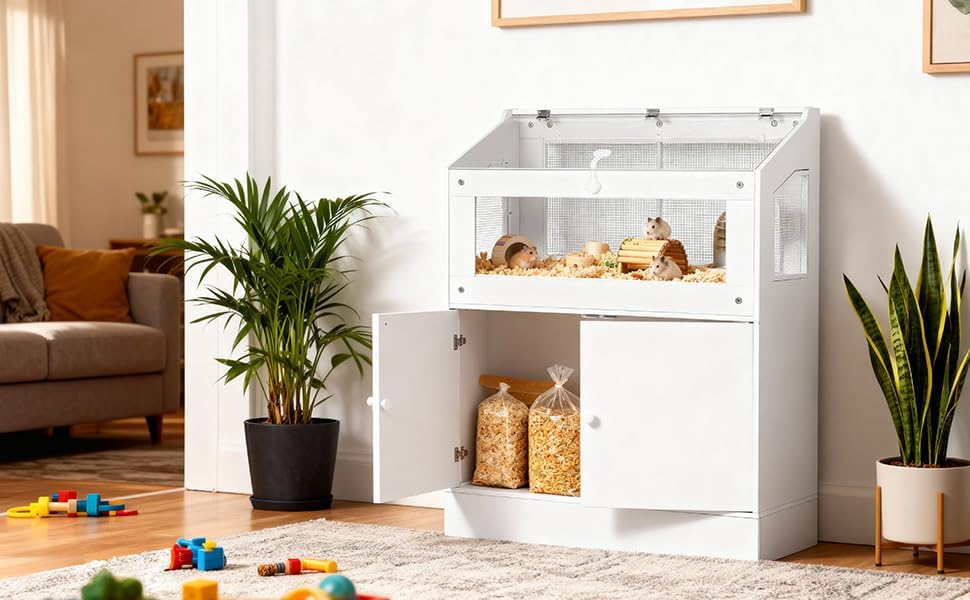 Small Animal Habitat with Storage Cabinet, Easy-View Acrylic Panel Enclosure for Hamsters, Guinea Pigs and Hedgehogs, Durable Small Pet Cage with Easy Assembly Design