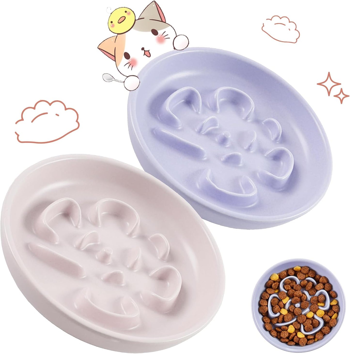 Cat Slow Feeder Bowl Set - 2 Pcs Pastel Series Cat Plate for Dry and Wet Food - Cute Maze Feeder Dish for Healthy Eating- Slow Feeding Bowls Whisker Friendly - Dishwasher Safe.(Blue and Pink)
