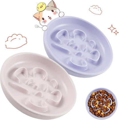 Cat Slow Feeder Bowl Set - 2 Pcs Pastel Series Cat Plate for Dry and Wet Food - Cute Maze Feeder Dish for Healthy Eating- Slow Feeding Bowls Whisker Friendly - Dishwasher Safe.(Blue and Pink)